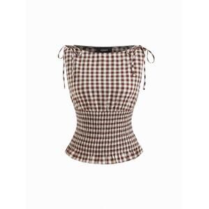Brown Gingham Picnic Bow Tie Cinched Smock Waist Tank Spring Cottagecore Size XS